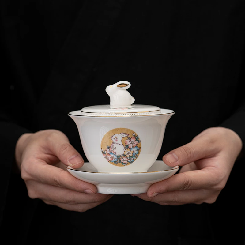 陶瓷茶碗茶杯羊脂玉瓷樱花玉兔三才盖碗功夫茶具带过滤泡茶器3358