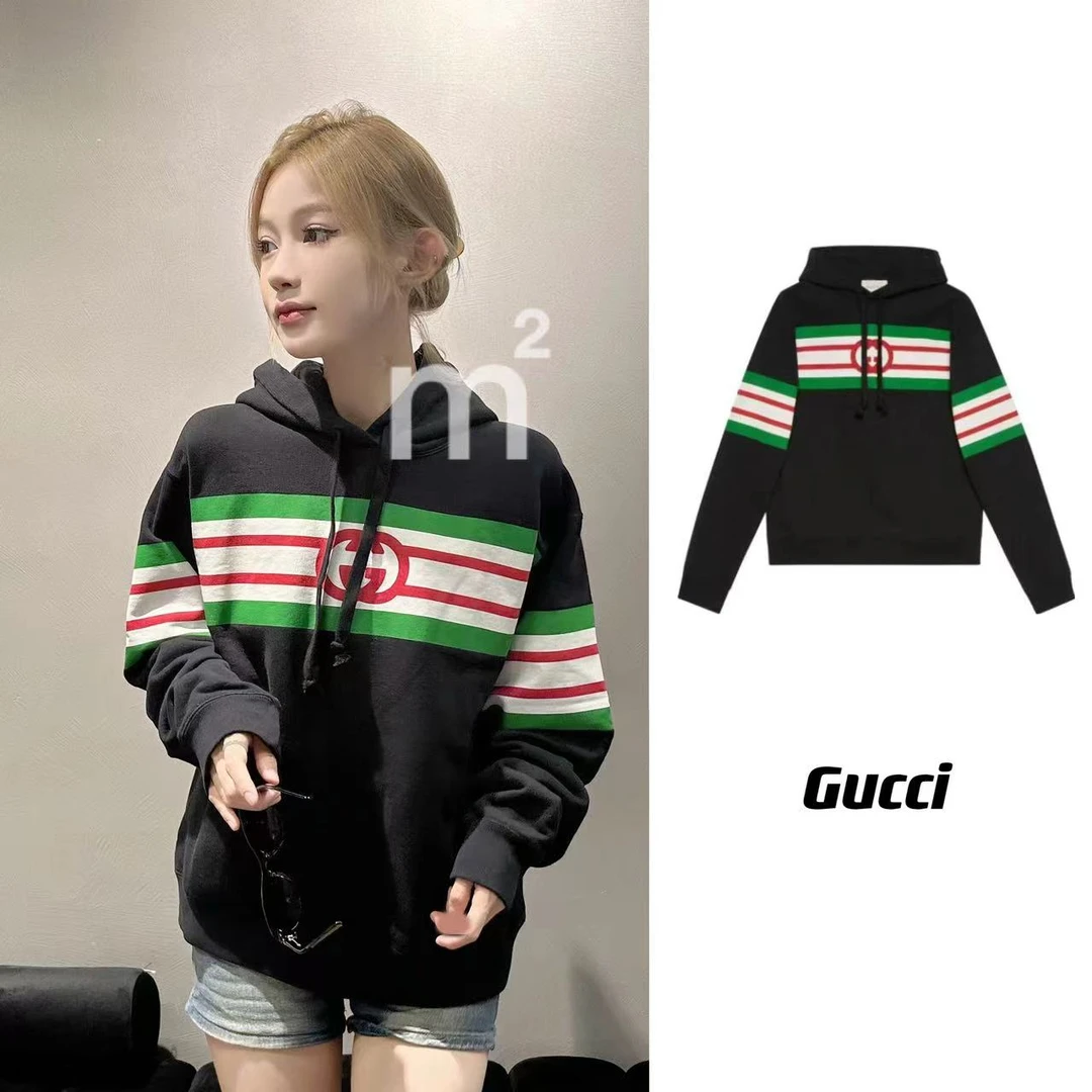 全新未使用Gucci/古驰 红绿双环印花黑色男女同款连帽卫衣帽衫