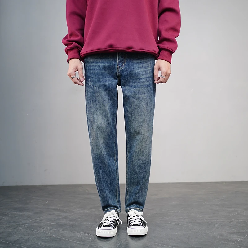 秋冬季新款牛仔裤男高端时尚潮牌经典蓝色男士宽松微锥型弹力长裤