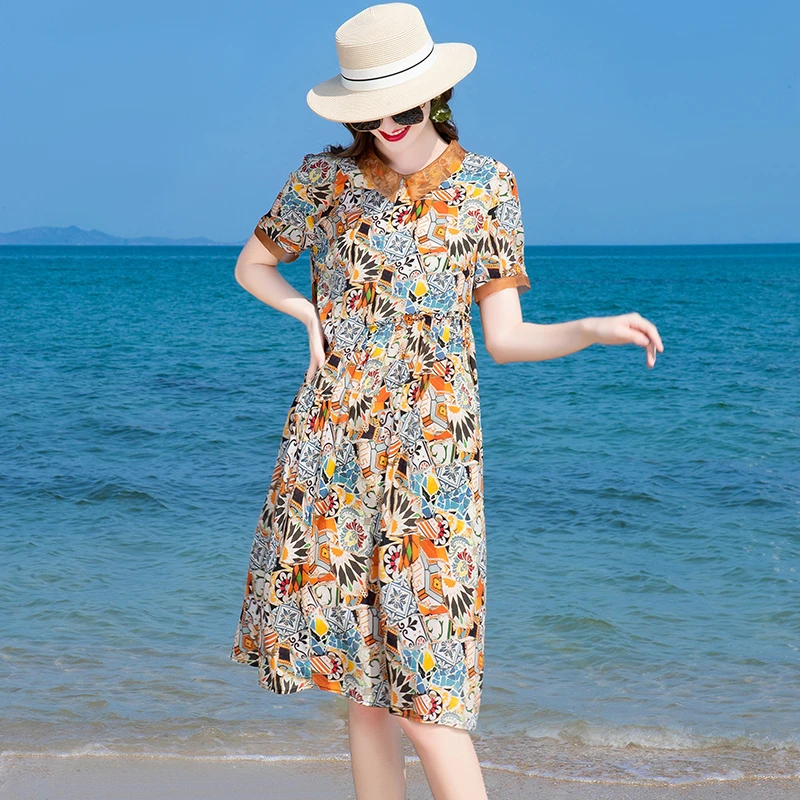 普拉妮夏季收腰气质宽松连衣裙时尚新款100桑蚕丝连衣裙女-858