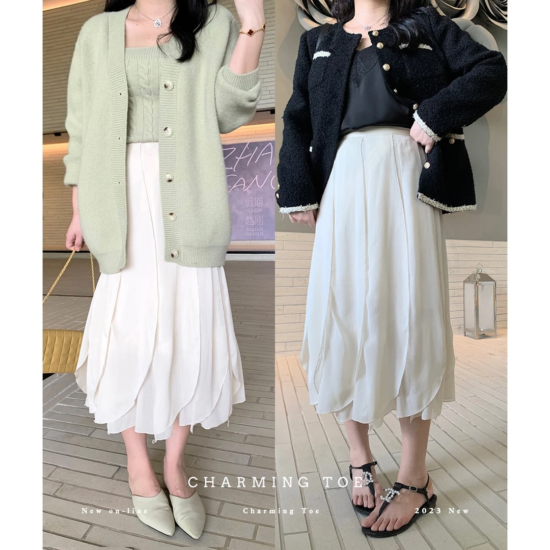 脚趾筋白月光花瓣拼接网纱裙女遮肉显瘦微胖mm气质a字薄纱半身裙