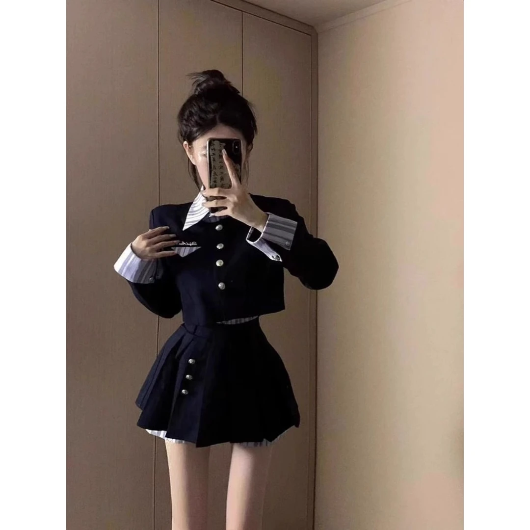 新款小香风名媛富家千金拼接上衣半身裙两件套小个子女学院风