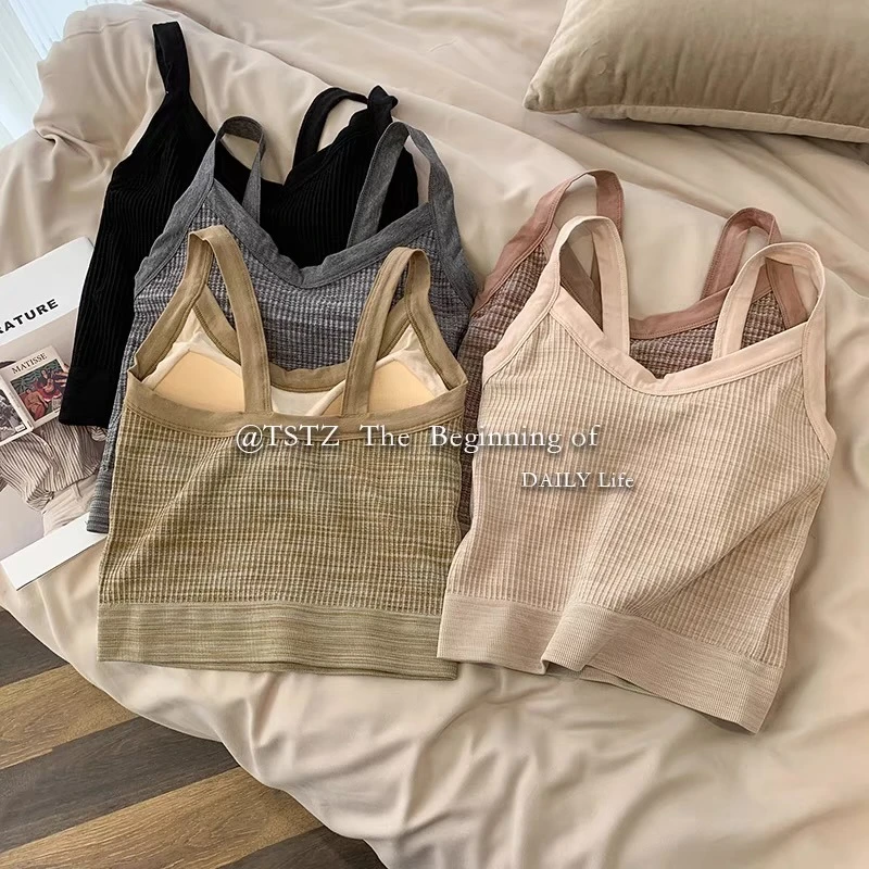 秋冬新款小吊带背心女美背固定一体杯内搭内衣外穿舒适弹力背心薄