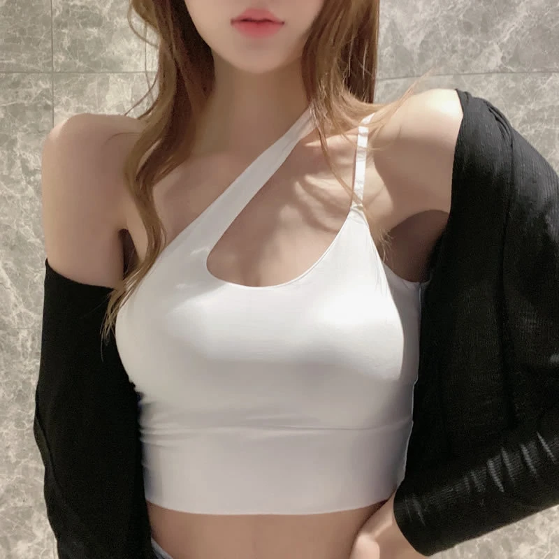 夏季冰丝斜肩吊带背心纯色美背裹胸显瘦修身防走光聚拢内衣女2