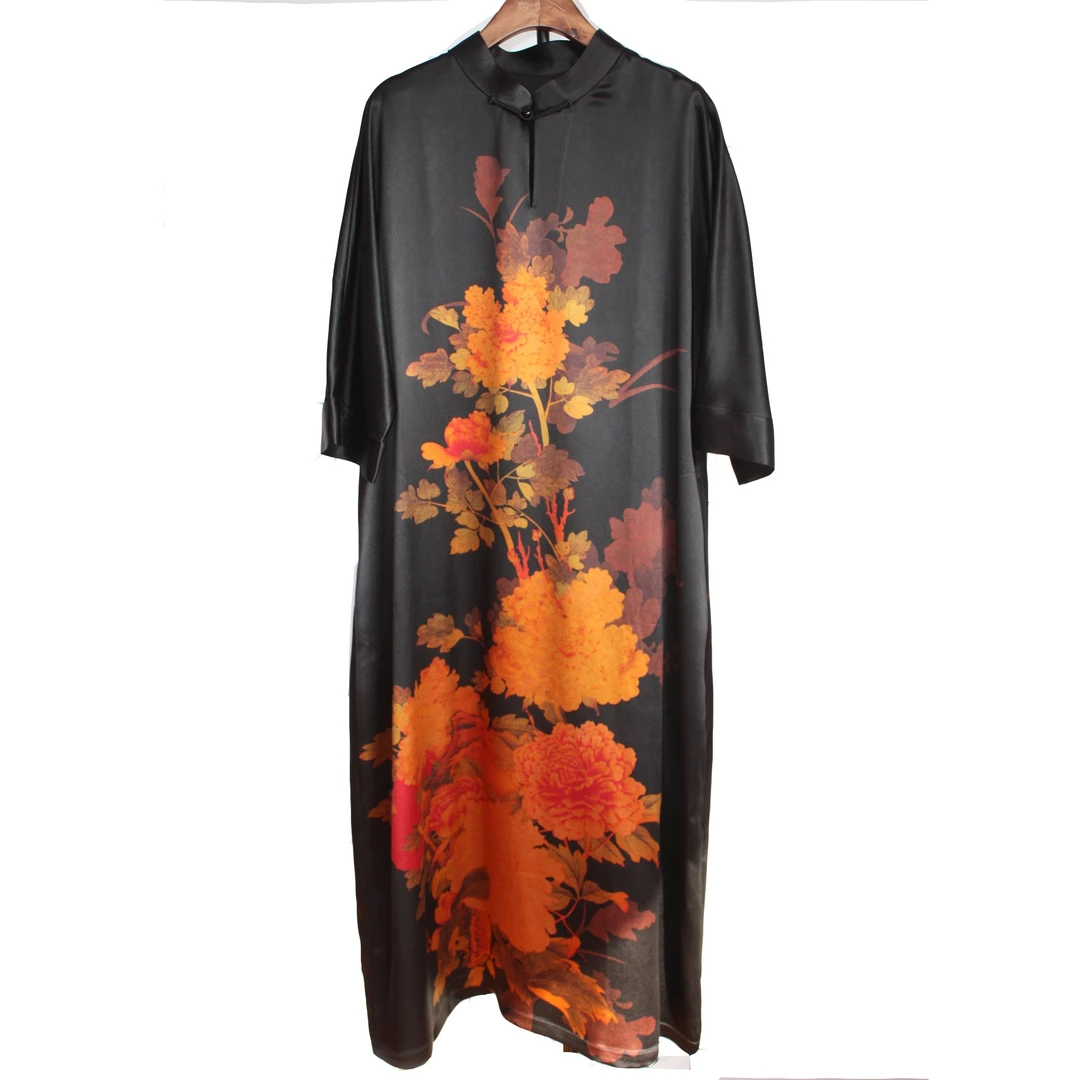 QIANGUIREN/黔贵人香云纱重缎前后定位花水滴立领连袖连衣裙国风