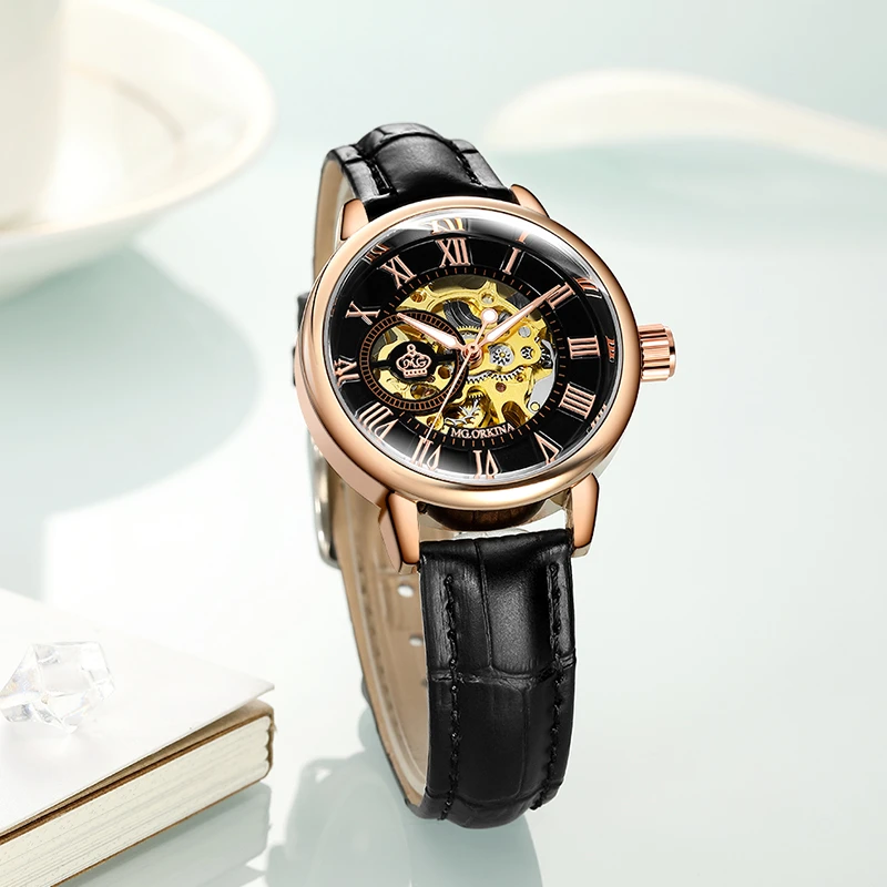 【万象撤柜】双面镂空时尚气质黑皮带机械表女士手腕表Oqn