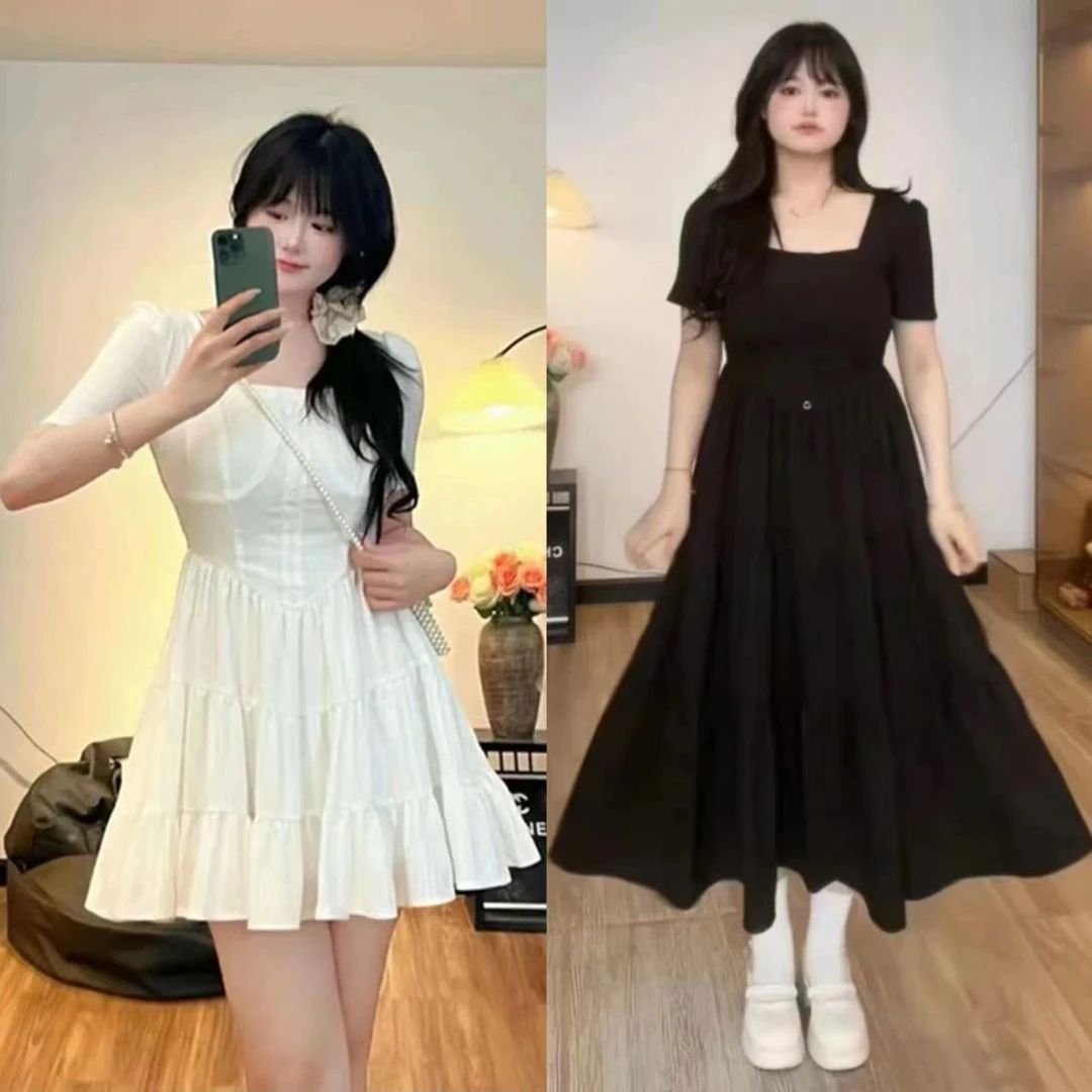 大码女装法式茶歇风初恋小白裙夏季新款胖mm巨显瘦垂感短袖连衣裙