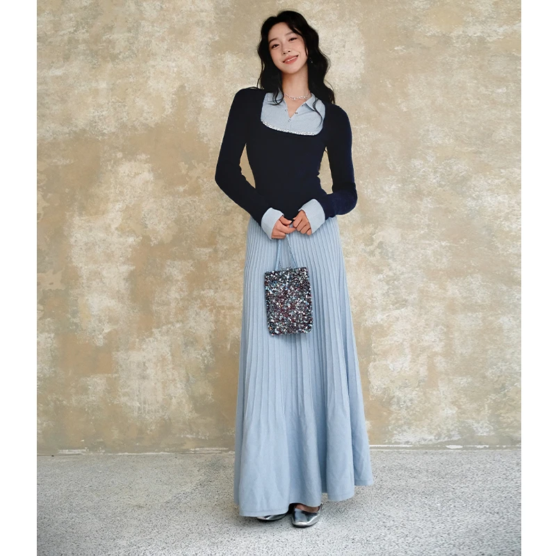 《冬日寄梦》法式学院风假两件澳羊绒针织上衣柔软半裙彼得潘大叔