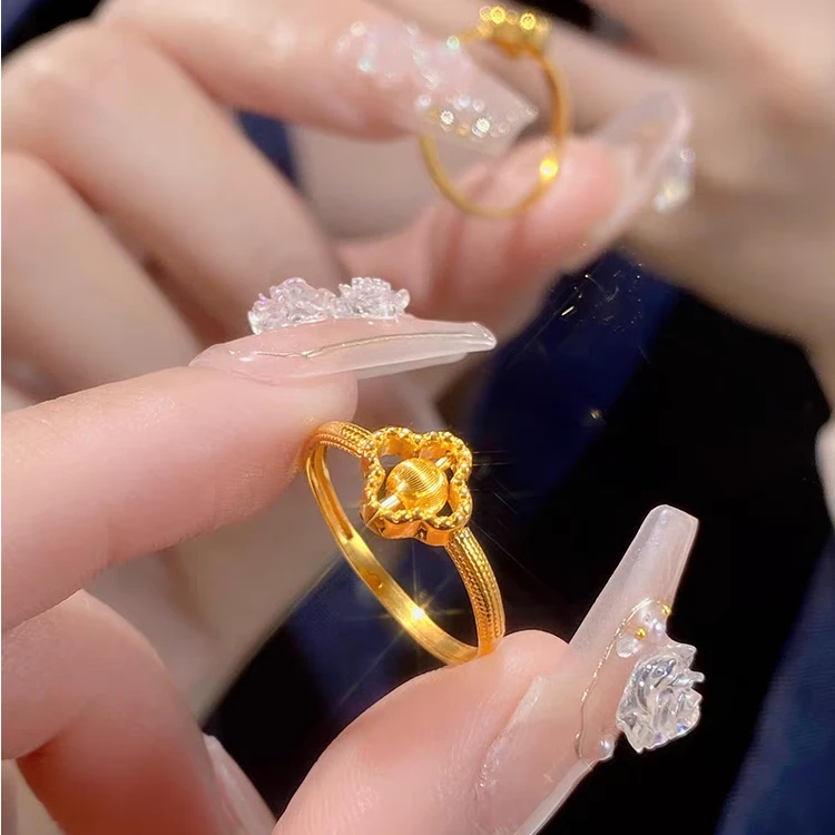 铜合金戒指 时尚高级感转运珠四叶草指环女款时来运转可调节戒指