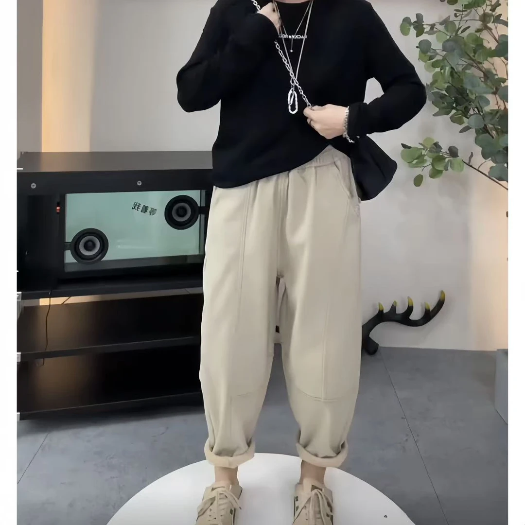 飞芊娅秋冬加绒加厚高腰显瘦哈伦裤2024年新款九分明线直筒老爹裤