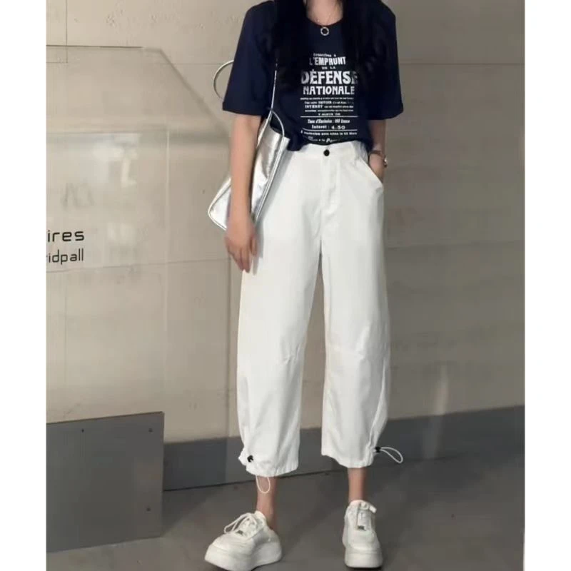 飞芊娅夏季新款爆款直筒工装裤女薄款高腰显瘦水洗棉哈困束脚裤子