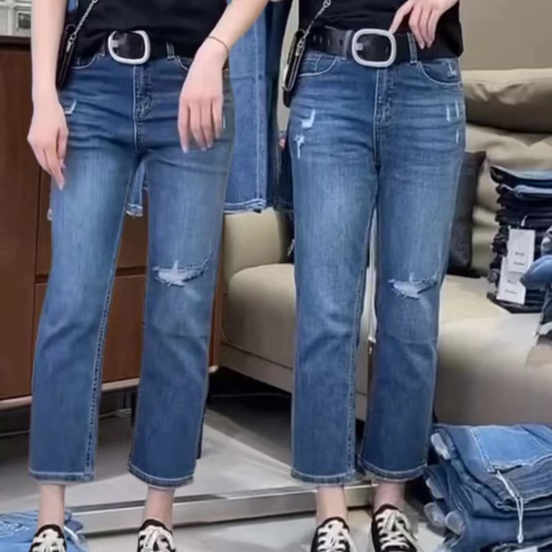 飞芊娅破洞直筒牛仔裤女薄款夏季新款胖妹妹显瘦小个子八分烟管裤
