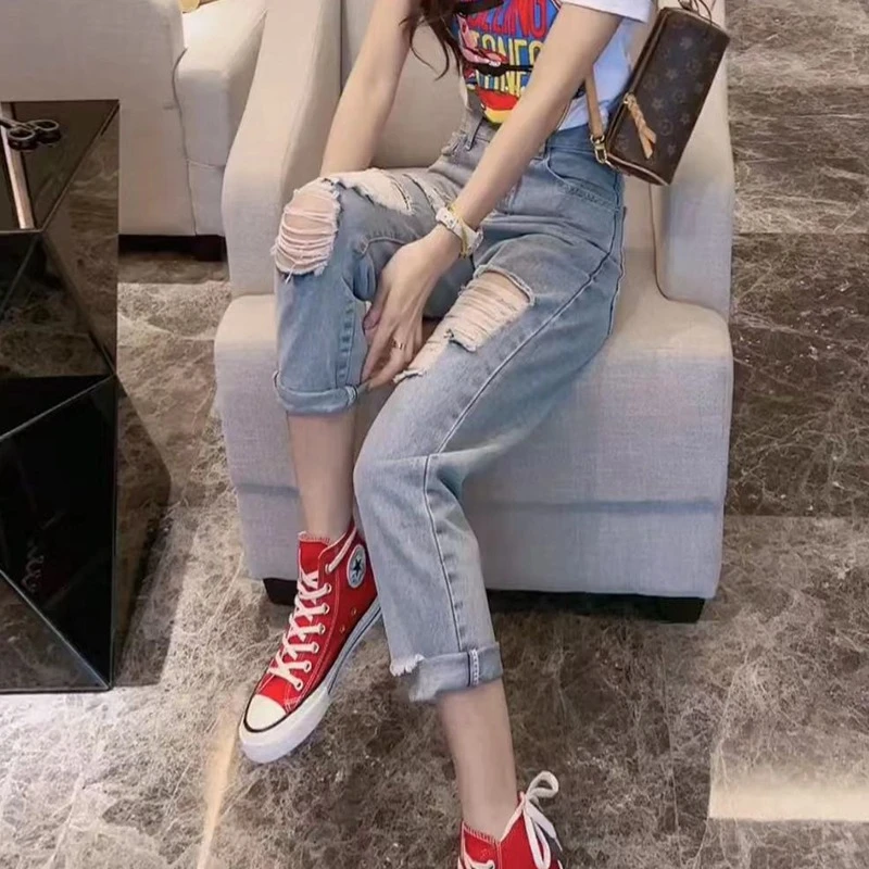 2025时尚新款直筒破洞牛仔裤女夏季薄款小个子高腰显瘦九分烟管裤