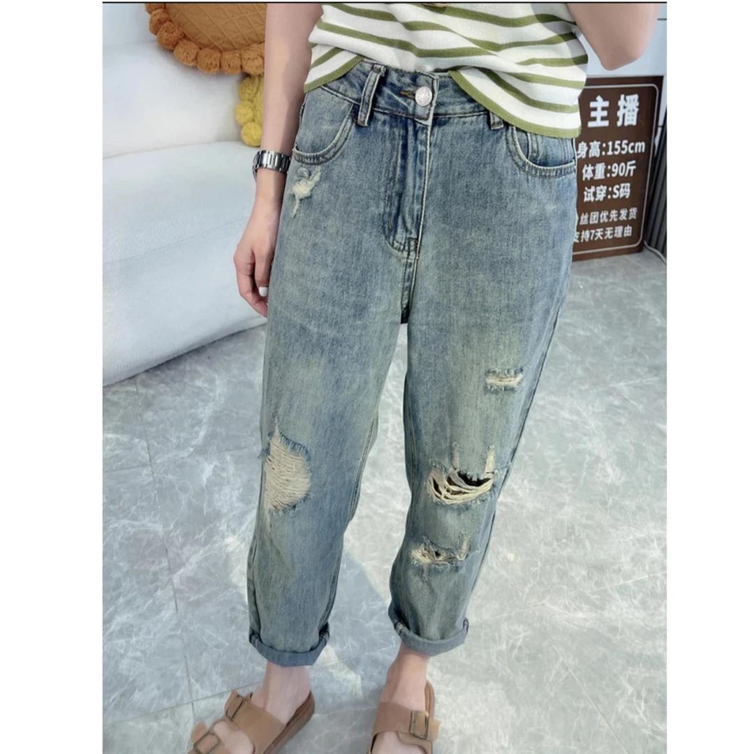 夏季新款大码高腰破洞薄款牛仔裤女胖妹妹宽松显瘦直筒哈伦老爹裤
