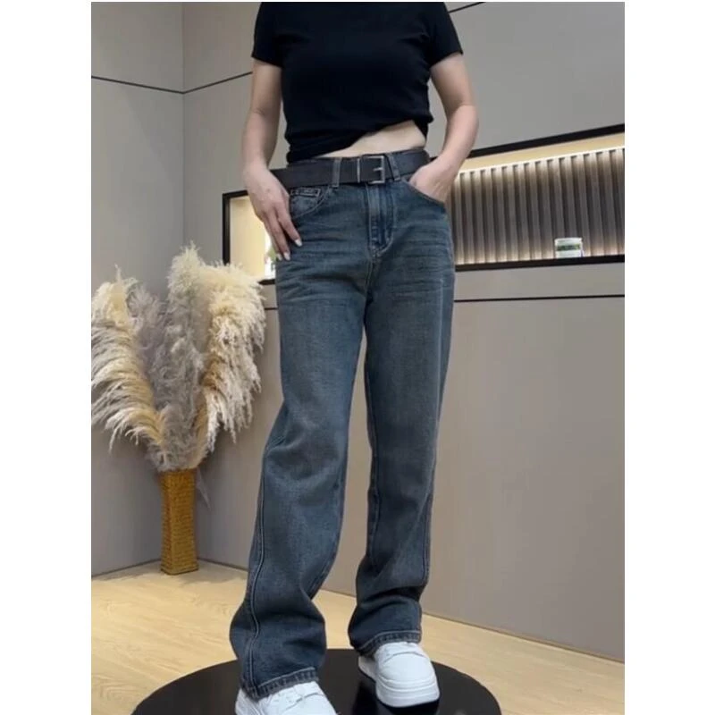 飞芊娅梨形身材时尚宽松窄版阔腿裤女早秋新款高腰显瘦直筒牛仔裤