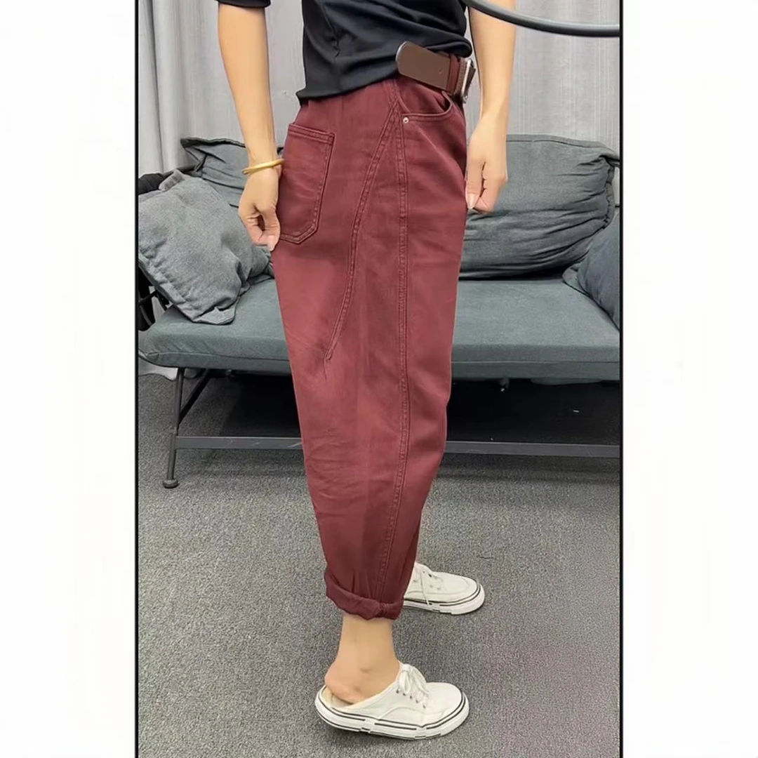 飞芊娅2025年春季高腰牛仔裤女安哥拉红弹力九分显瘦哈伦老爹裤