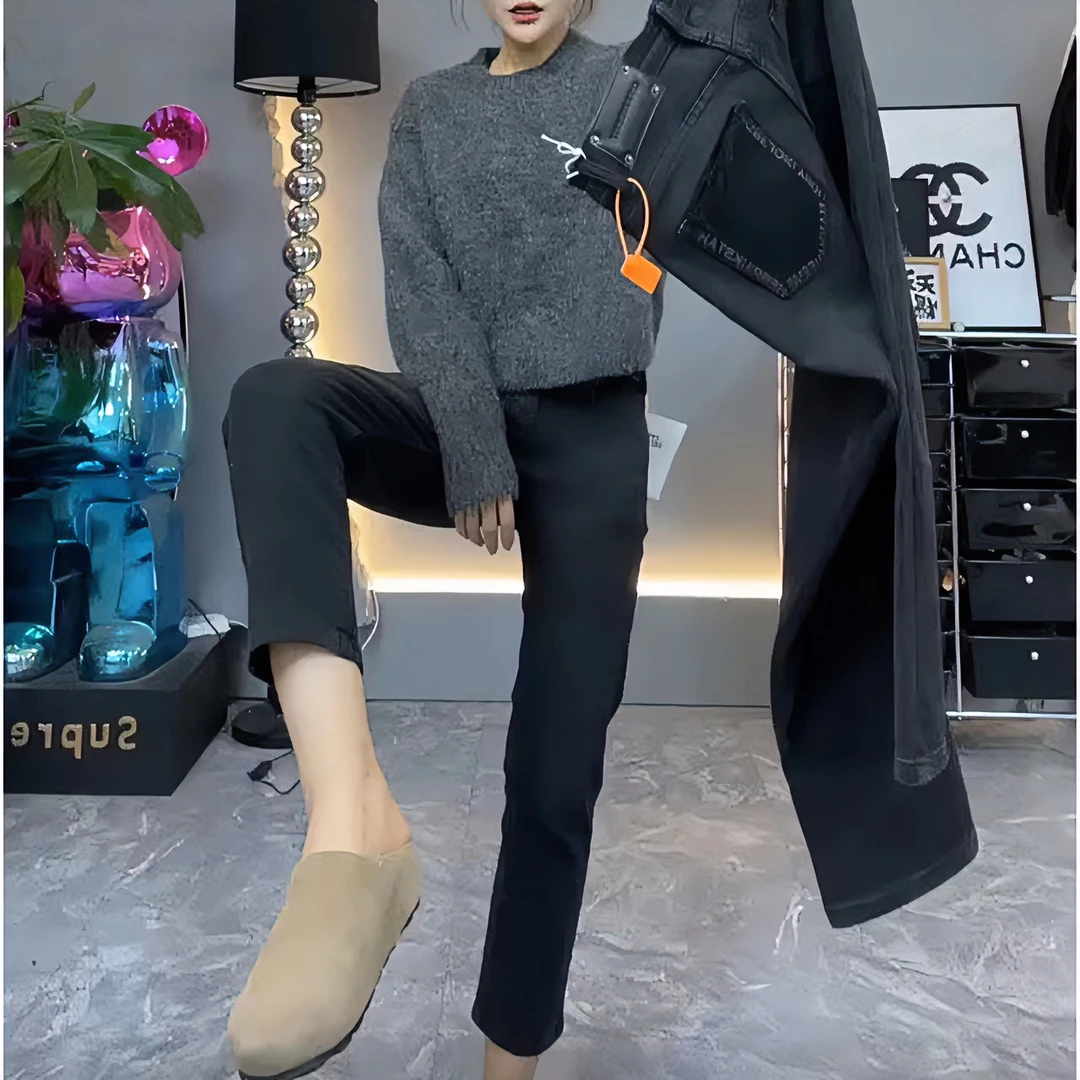 飞芊娅秋冬季新款弹加绒力直筒牛仔裤微胖大码高腰显瘦九分烟管裤