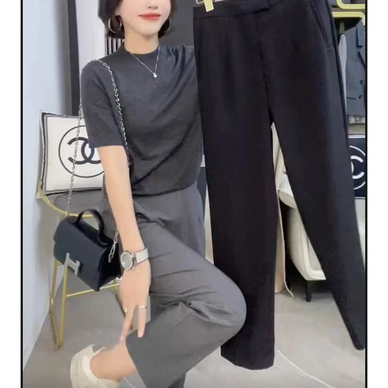 飞芊娅微胖大码直筒休闲裤女早秋2024新款宽松百搭高腰显瘦九分裤