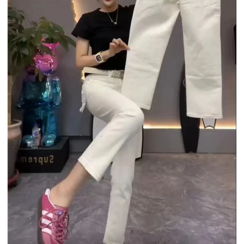 飞芊娅白色直筒牛仔裤女夏季薄款小个子弹力八九分修身显瘦烟管裤