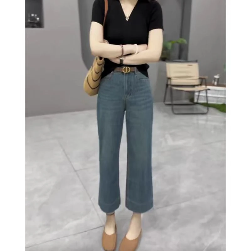 飞芊娅梨形身材窄版阔腿牛仔裤女款早秋新款九分裤宽松显瘦直筒裤