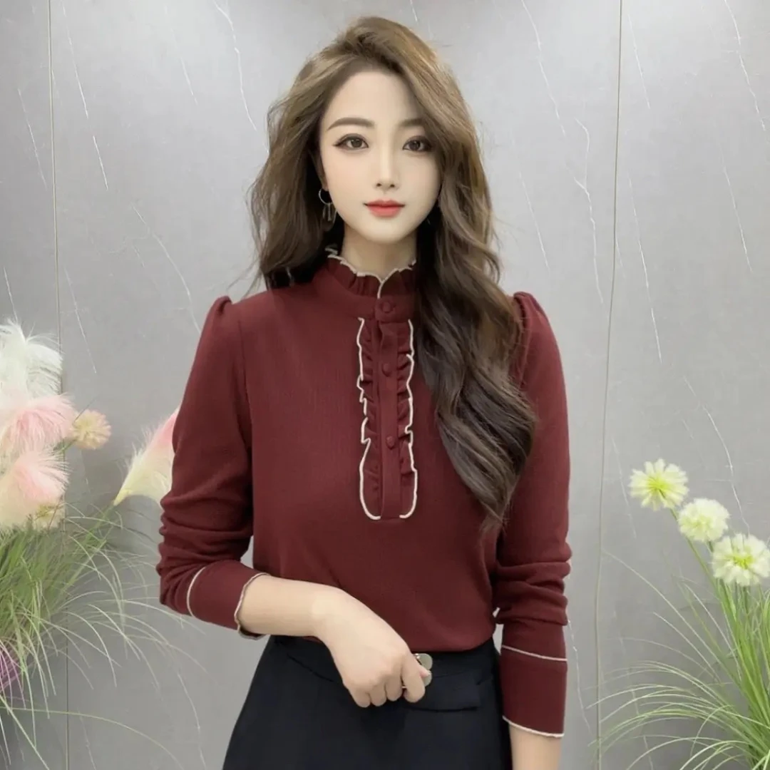 秋季新款安哥拉红经典花边领纯色长袖款款百搭衬衫显瘦洋气时尚