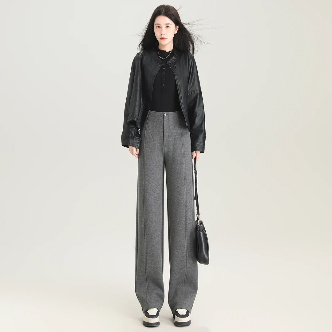 冬季新款醋酸绵羊毛女裤高腰休闲阔腿遮肉显瘦休闲直筒裤SY24210