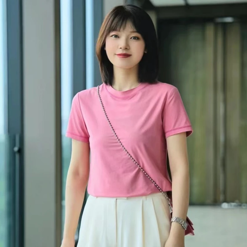 显瘦2025春夏新款简约休闲百搭纯色圆领短款短袖T恤修身夏季女