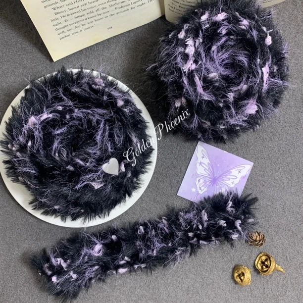 库洛米淡紫黑皮草特色柔软手混线diy毛线手织猫耳帽子包包围巾