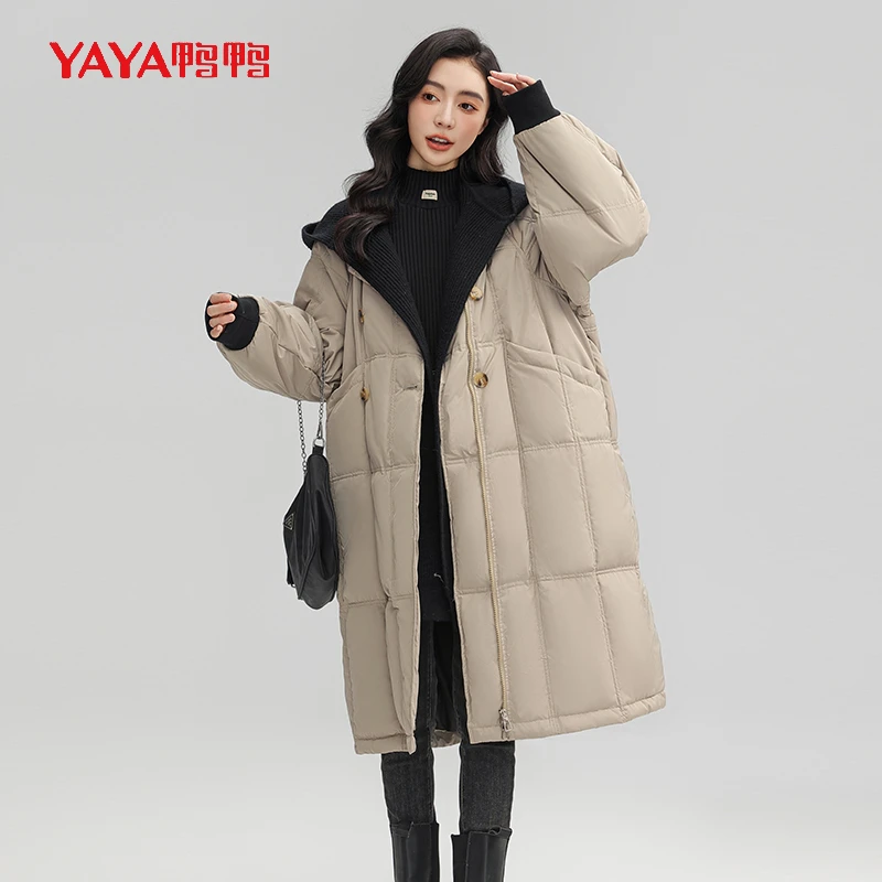 YAYA/鸭鸭连帽纯色户外时尚防风过膝冬长款羽绒外套【YE3B612341A】