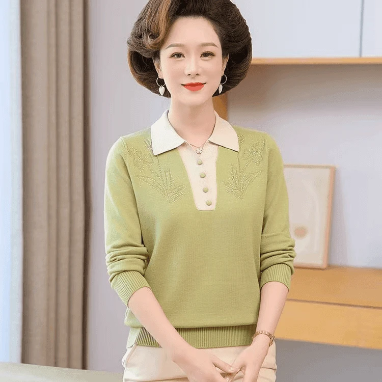时尚妈妈装春秋针织小衫上衣2025新款洋气中老年女装翻领宽松毛衣
