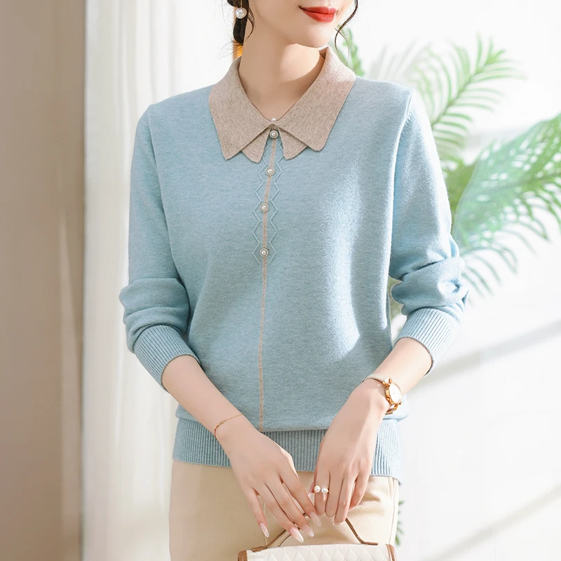 妈妈装秋冬新款翻领宽松长袖针织衫中年洋气时尚打底上衣百搭毛衣