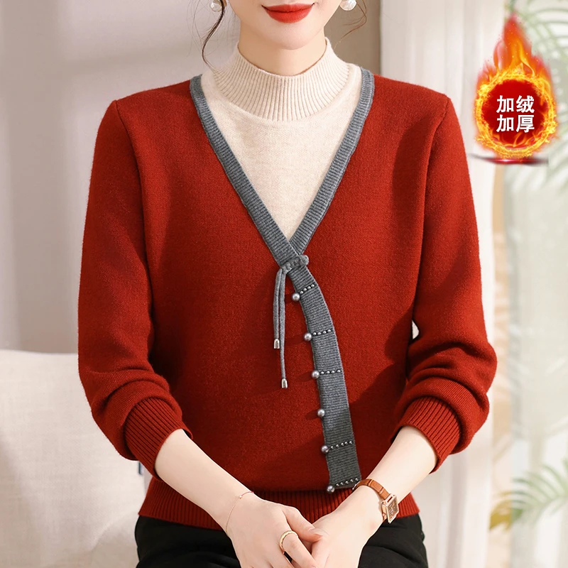 时尚妈妈装新款加绒针织打底上衣内搭中老年女冬装加厚半高领毛衣