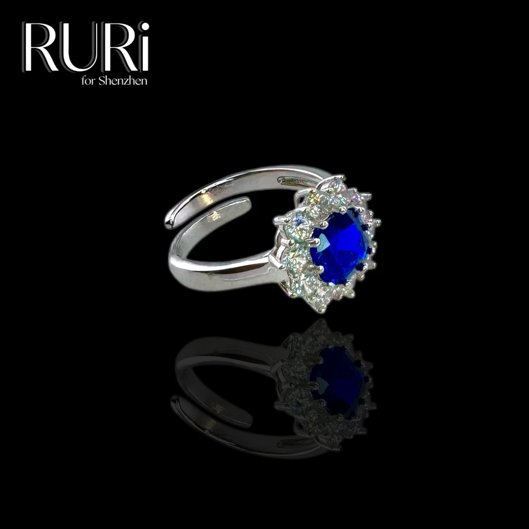 925银合成锆石戒指 RURI 简约大气白拼蓝色主石戒指 A0803
