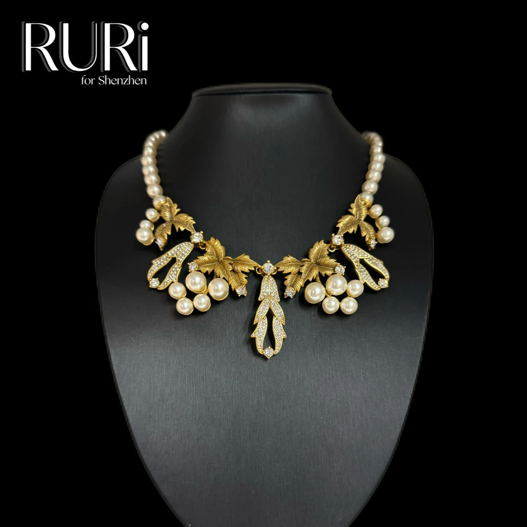 铜合金仿珍珠项链 RURI 复古欧式重工树叶珠珠款项链 A2151