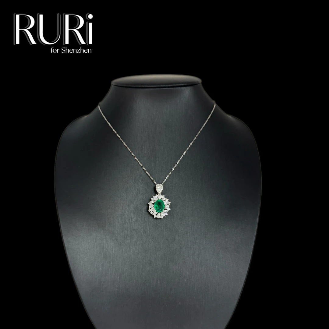 坠链均925银合成锆石 RURI  简约时尚椭圆设计镶嵌绿石项链 A1152