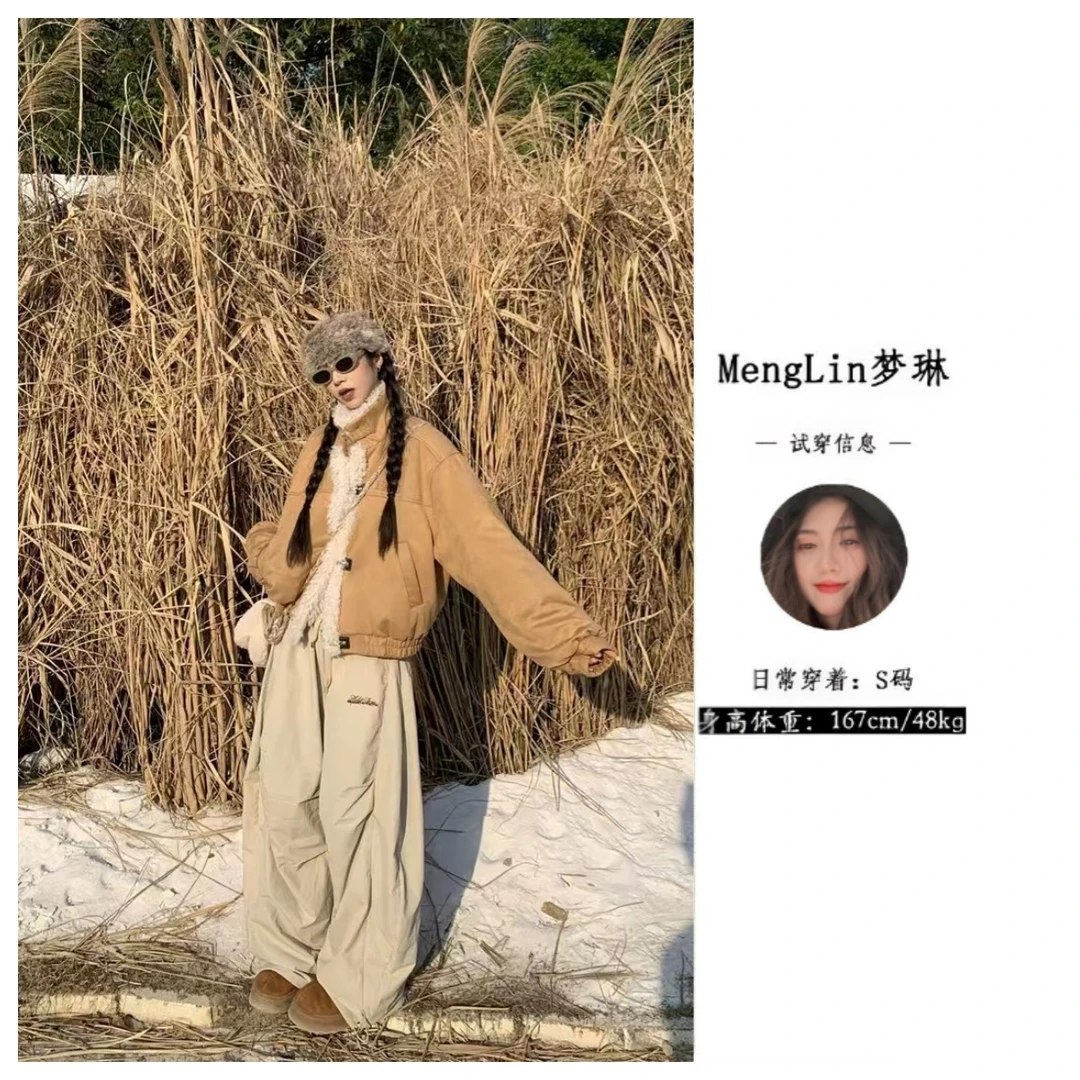 美式复古拼接外套女冬季爆款宽松百搭翻领加绒棉衣+夹棉裤子套装