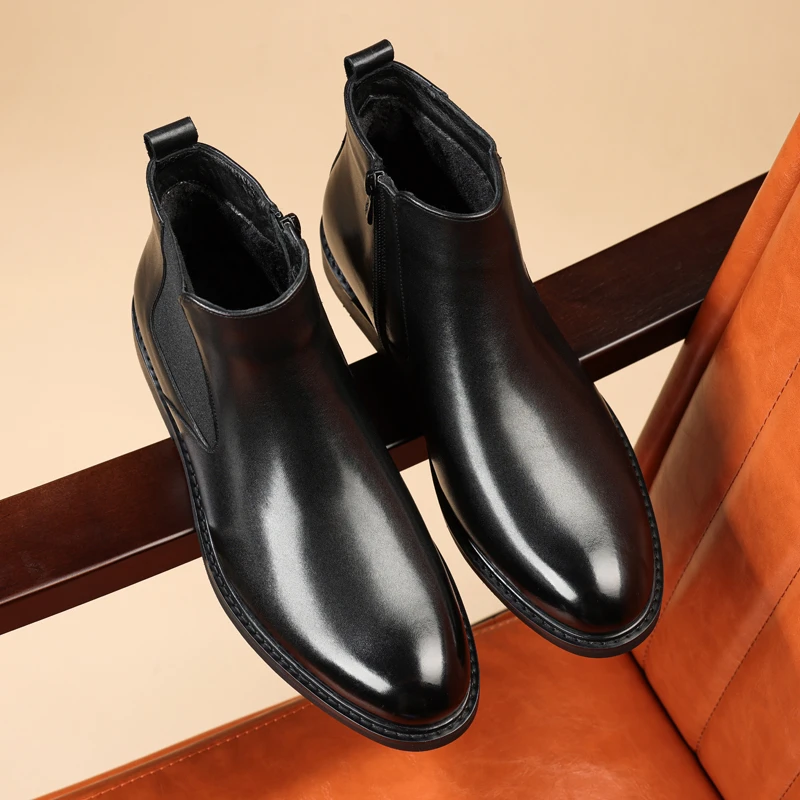 秋冬款牛皮加绒保暖时尚休闲男士真皮皮鞋日常舒适切尔西靴皮鞋男