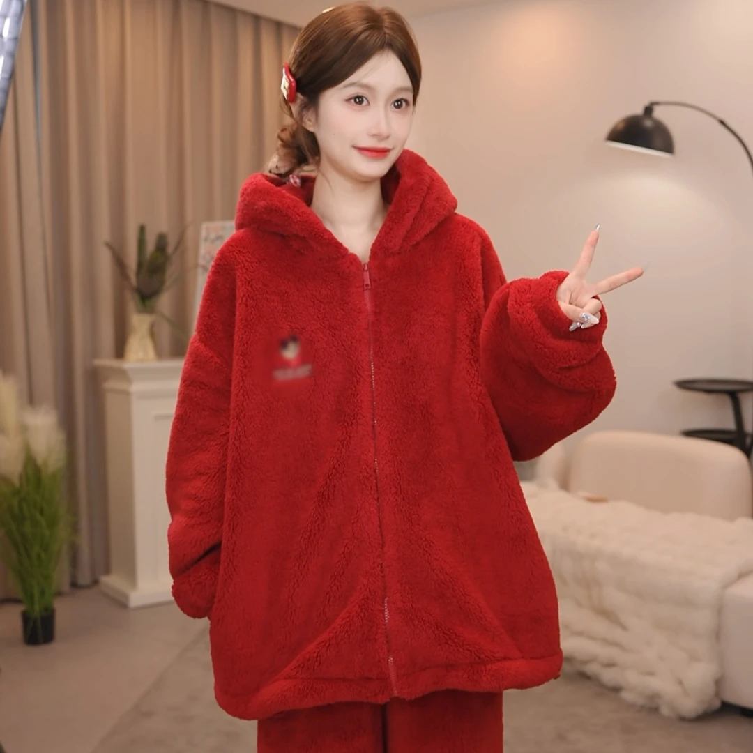 板栗小姐【嫣红C】新品秋冬时尚长款宽松女士睡衣套装家居服