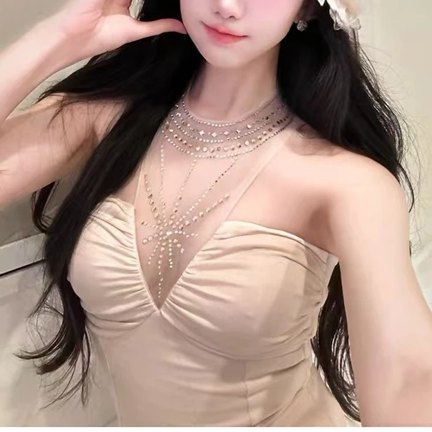 网纱挂脖闪钻拼接纯yu韩女抹胸秋冬皮草带胸垫内搭夏季上衣性感