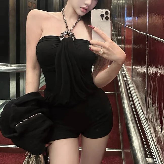 古早千金风亮钻挂脖吊带黑色短款背心夏季内搭外穿修身打底上衣