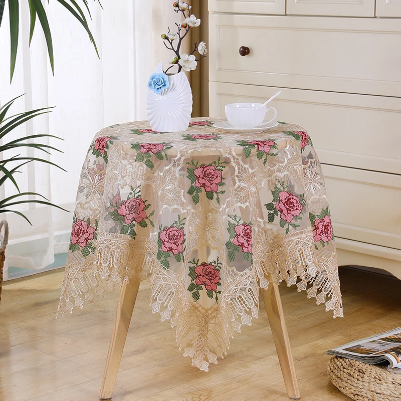 【90*90cm】富贵花咖色盖巾餐桌茶几布简约电视盖布桌布