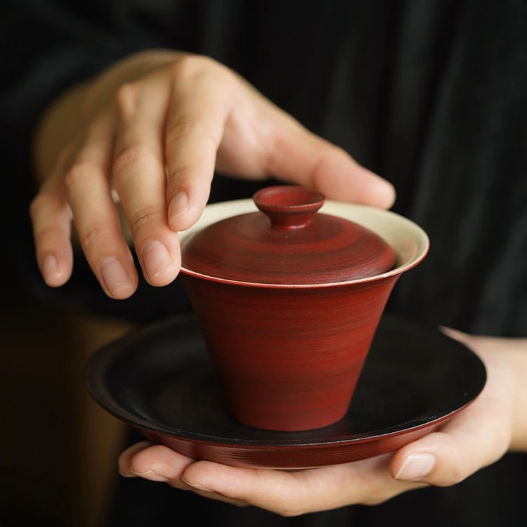 一品仟堂 山楂红粉引马蹄盖碗日式粗陶诧寂风泡茶碗功夫茶具茶碗