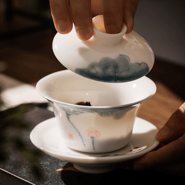 一品仟堂 手绘荷韵羊脂玉瓷盖碗茶具家用泡茶盖碗茶杯高档陶瓷