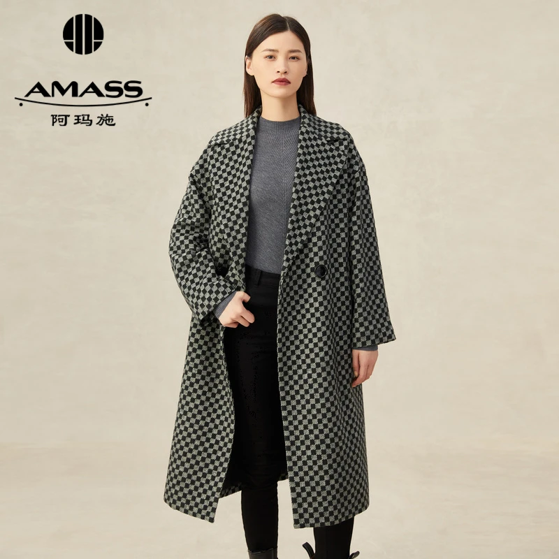 阿玛施AMASS新款通勤羊毛格纹大衣长袖宽松格子长款外套女5400361