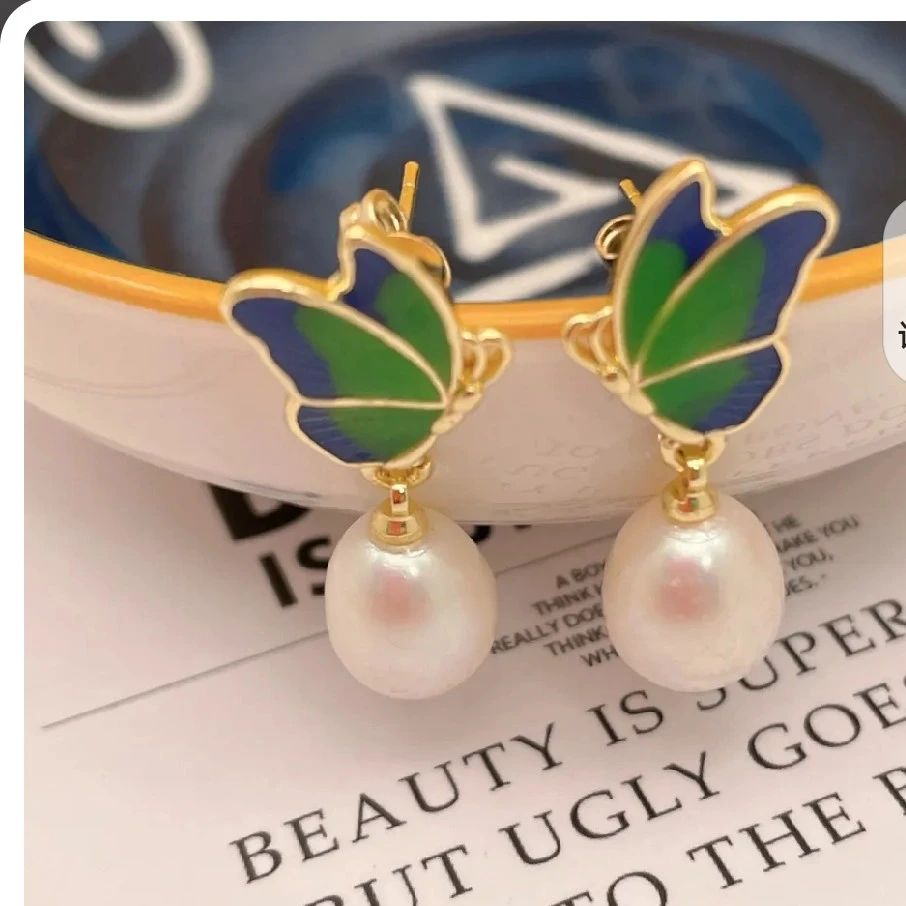 淡水珍珠耳环超大颗粒水滴S925银针（蝶舞）