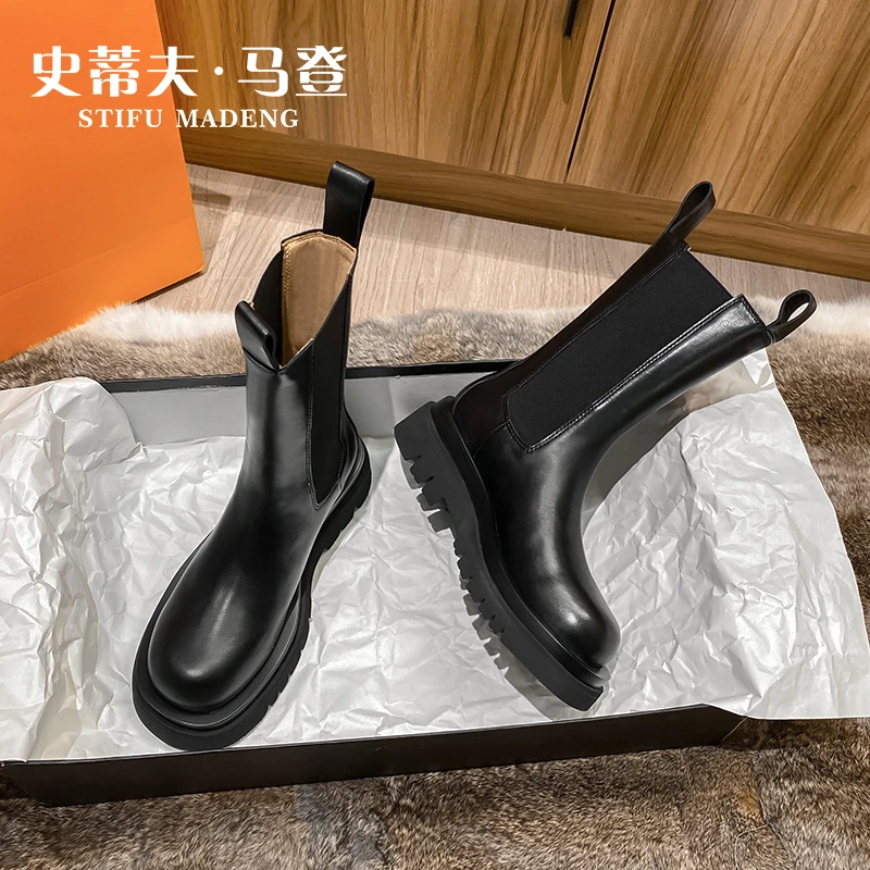 史蒂夫·马登真皮牛皮烟筒靴女2024新款秋冬厚底中筒百搭切尔西靴