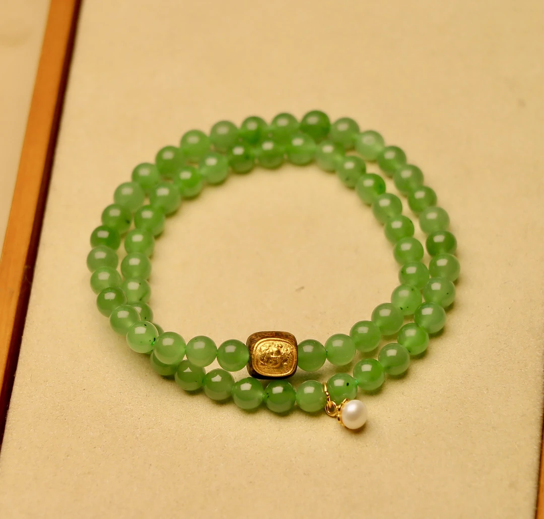 和田玉碧玉双圈手串 6mm果绿 diy搭配