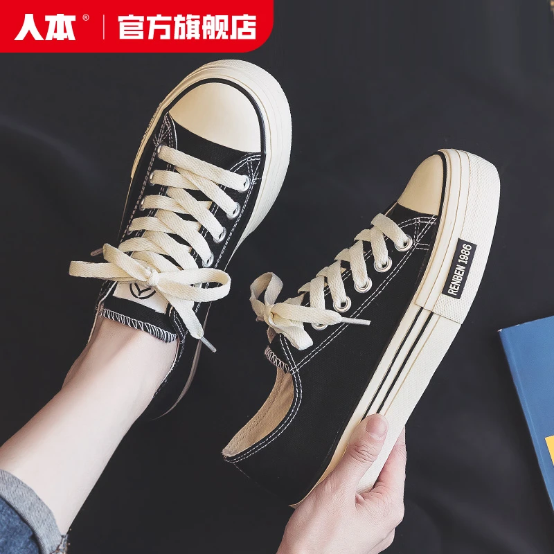 人本官方旗舰店春季硫化ins减龄帆布鞋百搭学生半拖女鞋黑色板鞋
