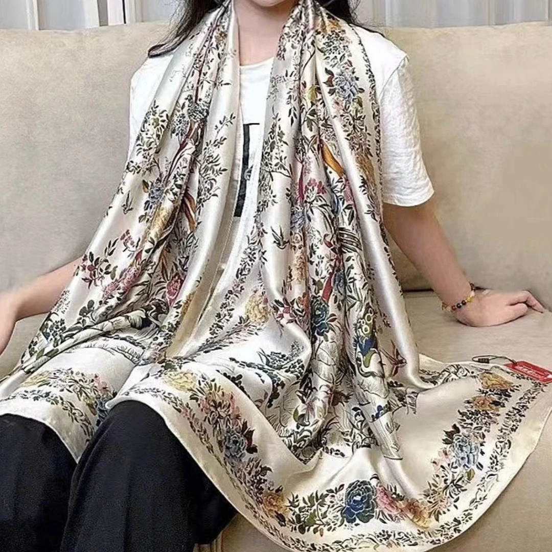 099鸟语花香80*180古典气质时尚防晒百搭长巾披肩丝巾优雅