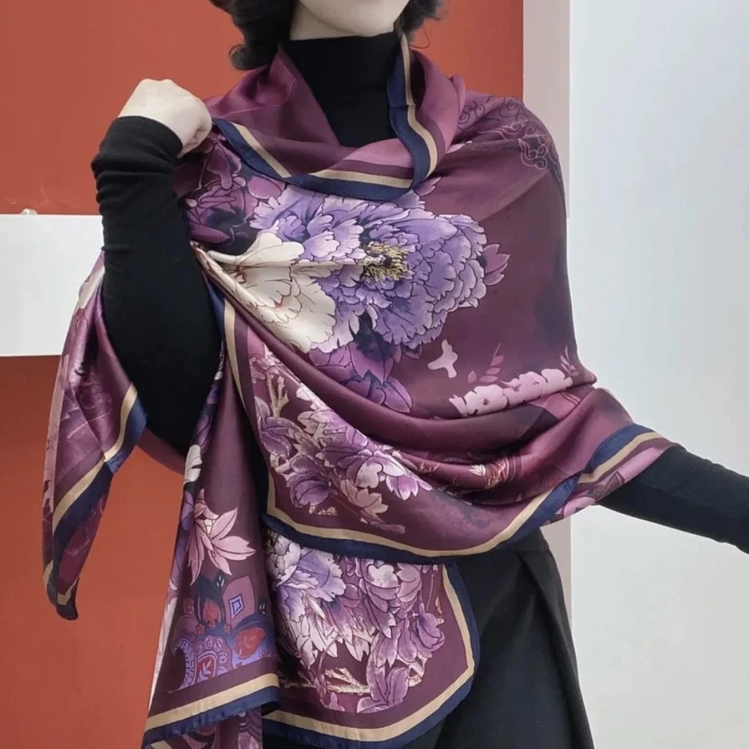 096紫韵牡丹历锦锻长巾180*80古典贵气丝巾披肩外搭百搭时尚复古